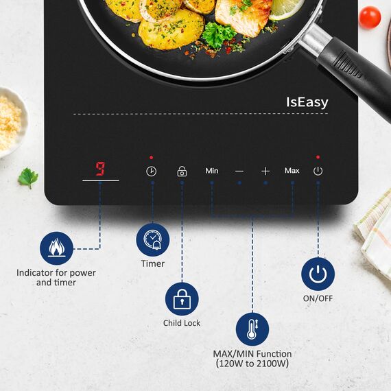 Induktionskochfeld 1 Platte, IsEasy Einzel Induktionskochplatte 2100W, 28cm kochplatte, Tragbares mit Kindersicherung, 9 Heizstufen, 8-Stunden-Timer, Max/Min-Funktion, Schwarz