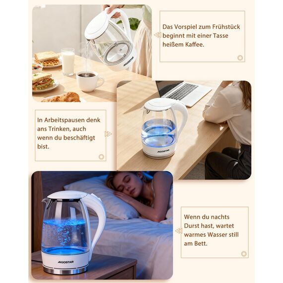 Aigostar Glas Elektrischer Wasserkocher Weiß 1,7 Liter - Schnell Kochendes Glaswasserkocher 2200W, LED-Beleuchtung, Verdicktes Borosilikatglas, BPA-frei, mit kalkfilter, Automatische Abschaltung