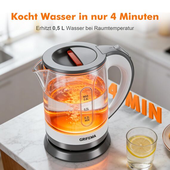GRIFEMA Wasserkocher Klein, 0,8L, 1100W - Teekocher Elektrisch mit Kalkfilter, Kettle Leise, Schnell, Wasserkocher BPA-Frei, Reisewasserkocher Automatische Abschaltung, Überhitzungsschutz, Weiß