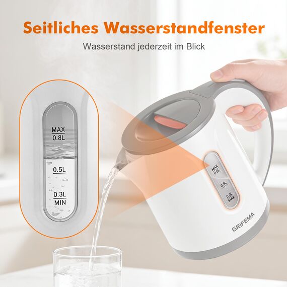 GRIFEMA Wasserkocher Klein, 0,8L, 1100W - Teekocher Elektrisch mit Kalkfilter, Kettle Leise, Schnell, Wasserkocher BPA-Frei, Reisewasserkocher Automatische Abschaltung, Überhitzungsschutz, Weiß