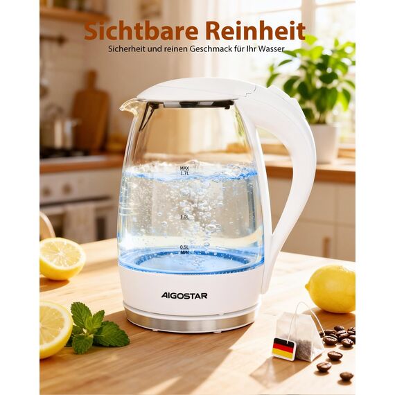 Aigostar Glas Elektrischer Wasserkocher Weiß 1,7 Liter - Schnell Kochendes Glaswasserkocher 2200W, LED-Beleuchtung, Verdicktes Borosilikatglas, BPA-frei, mit kalkfilter, Automatische Abschaltung