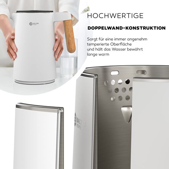 BALTER Edelstahl Wasserkocher mit Temperatureinstellung, 45°C-100°C, Doppelwand, BPA frei, leise & kabellos, Warmhaltefunktion, Teekocher mit Temperaturanzeige, 1.5L, 2200W, Weiss
