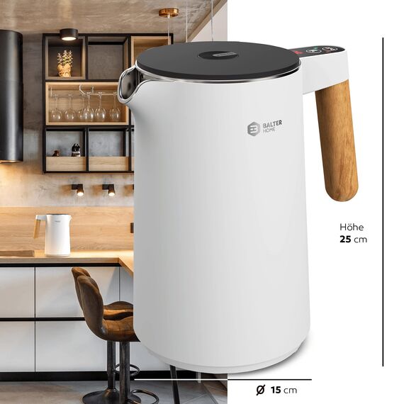 BALTER Edelstahl Wasserkocher mit Temperatureinstellung, 45°C-100°C, Doppelwand, BPA frei, leise & kabellos, Warmhaltefunktion, Teekocher mit Temperaturanzeige, 1.5L, 2200W, Weiss