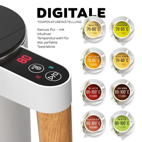 BALTER Edelstahl Wasserkocher mit Temperatureinstellung, 45°C-100°C, Doppelwand, BPA frei, leise & kabellos, Warmhaltefunktion, Teekocher mit Temperaturanzeige, 1.5L, 2200W, Weiss