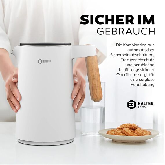 BALTER Edelstahl Wasserkocher mit Temperatureinstellung, 45°C-100°C, Doppelwand, BPA frei, leise & kabellos, Warmhaltefunktion, Teekocher mit Temperaturanzeige, 1.5L, 2200W, Weiss