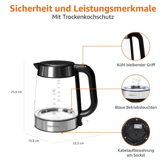 Amazon Basics Elektrischer Wasserkocher aus Glas, 1,7 l, 2200 W, Schwarz, Silber