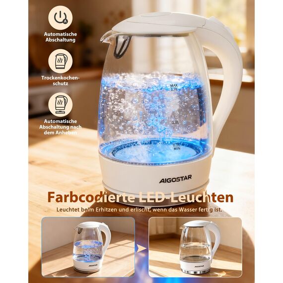 Aigostar Glas Elektrischer Wasserkocher Weiß 1,7 Liter - Schnell Kochendes Glaswasserkocher 2200W, LED-Beleuchtung, Verdicktes Borosilikatglas, BPA-frei, mit kalkfilter, Automatische Abschaltung