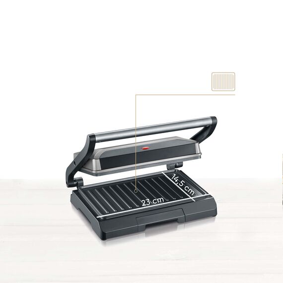 SEVERIN Kontaktgrill für Sandwiches, Steak und als Panini Grill, antihaftbeschichteter Sandwich Maker für fettfreies Grillen, 800 W, metallic grau/schwarz, KG 2394