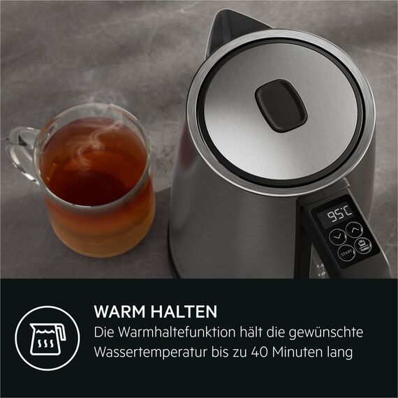 AEG Wasserkocher Deli 5, 2400 Watt, 5 Einstellbare Temperaturstufen, 1,7 l, 3-fache Automatische Sicherheitsabschaltung, Anti-Tropf- und Warmhaltefunktion, Einhand-Deckelöffnung, Edelstahl, K5-1-6ST