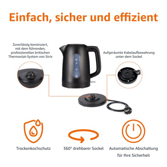 Amazon Basics Wasserkocher 1,7L, 2200 W, BPA-frei mit 360° Basis, Automatische Abschaltung und Herausnehmbarem Kalkfilter, Mattschwarz