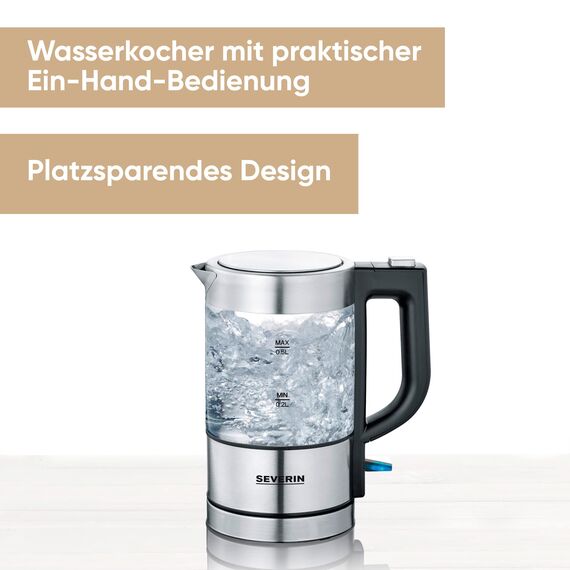 SEVERIN Mini Glas Wasserkocher 0,5 L, leistungsstark und kompakt in hochwertigem Design, elektrischer Wasserkocher mit Kalkfilter, Edelstahl/schwarz, WK 3472
