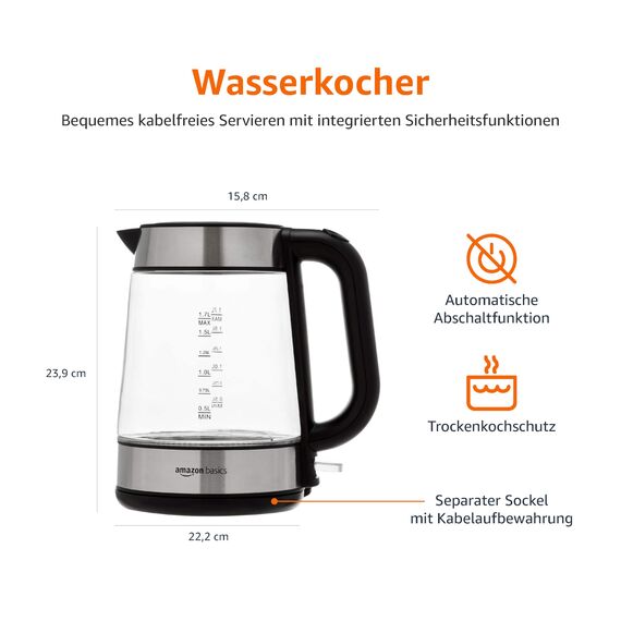 Amazon Basics Elektrischer Wasserkocher aus Glas, 1,7 l, 2200 W, Schwarz, Silber