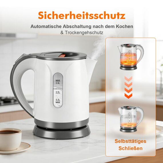 GRIFEMA Wasserkocher Klein, 0,8L, 1100W - Teekocher Elektrisch mit Kalkfilter, Kettle Leise, Schnell, Wasserkocher BPA-Frei, Reisewasserkocher Automatische Abschaltung, Überhitzungsschutz, Weiß