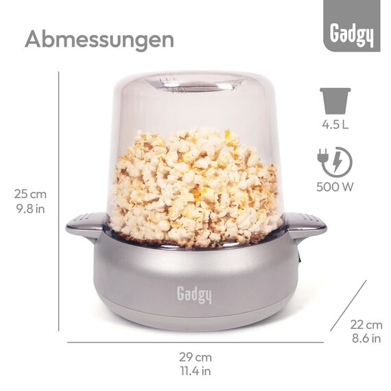 Gadgy Popcorn Maschine Premium - Popcorn Maker Heißluft 4,5 L - Popcornmaschine mit Antihaftbeschichtung & rotierenden Stäben - Popcornmaschine groß 500W matt Silber