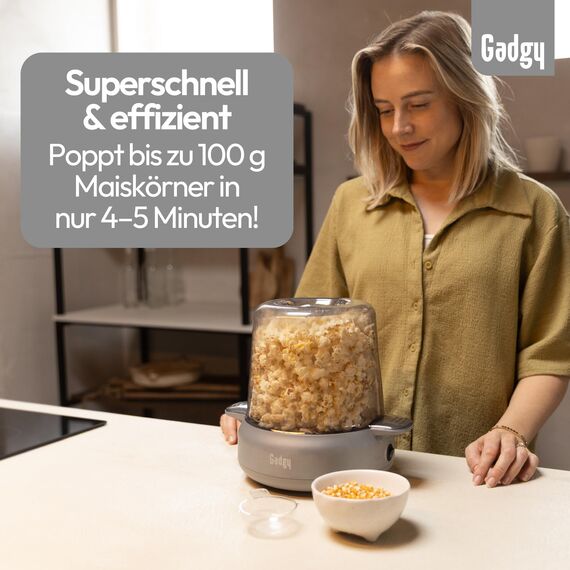 Gadgy Popcorn Maschine Premium - Popcorn Maker Heißluft 4,5 L - Popcornmaschine mit Antihaftbeschichtung & rotierenden Stäben - Popcornmaschine groß 500W matt Silber