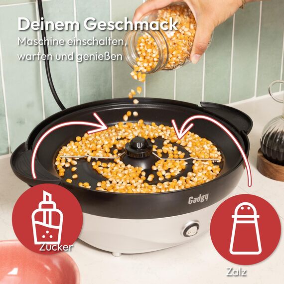 Gadgy Popcornmaschine – 800W Elektrische Popcorn Maker mit Rührwerk & Antihaft-Platte – 5L Popcornautomat für Zuhause, Partys & Filmabende – Butter, Zucker & Gewürze geeignet
