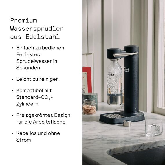Aarke Carbonator 3, Wassersprudler aus Edelstahl im modernen Mattschwarz Finish mit BPA-freier 1L PET-Flasche, Sprudelwasserbereiter für Leitungswasser, kompatibel mit 60L CO2-Zylindern