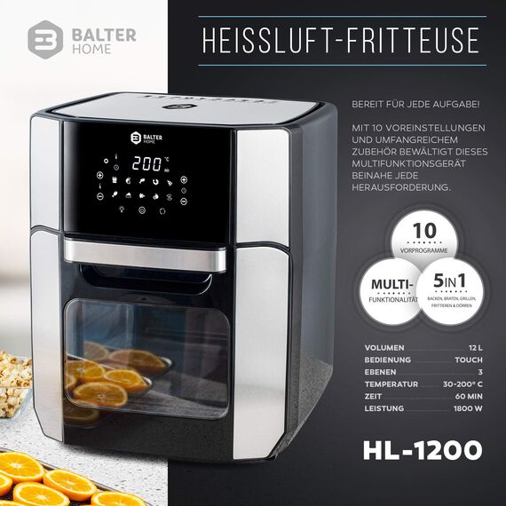 Balter Heißluftfritteuse Airfryer, 12 Liter XXL, Mini Backofen, Dörrautomat, Friteuse Heissluftfritteuse, 10 Programme, all-in-1 Air Fryer, Rezeptbuch, HL-1200