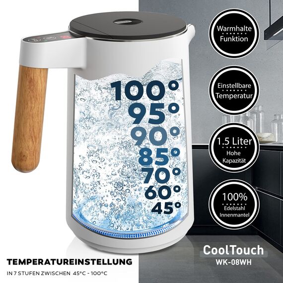 BALTER Edelstahl Wasserkocher mit Temperatureinstellung, 45°C-100°C, Doppelwand, BPA frei, leise & kabellos, Warmhaltefunktion, Teekocher mit Temperaturanzeige, 1.5L, 2200W, Weiss