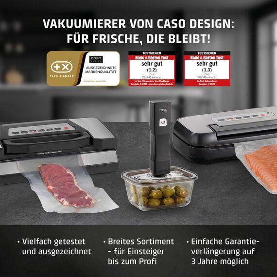 CASO Vacu OneTouch Akku-Vakuumierer – kabellos & kompakt, 3 L/Min, -0,4 bar, LED-Anzeige, Auto-Stopp, Lithium-Ionen-Akku, leichte Reinigung, inkl. ZIP-Beutel-Set & USB-C-Kabel