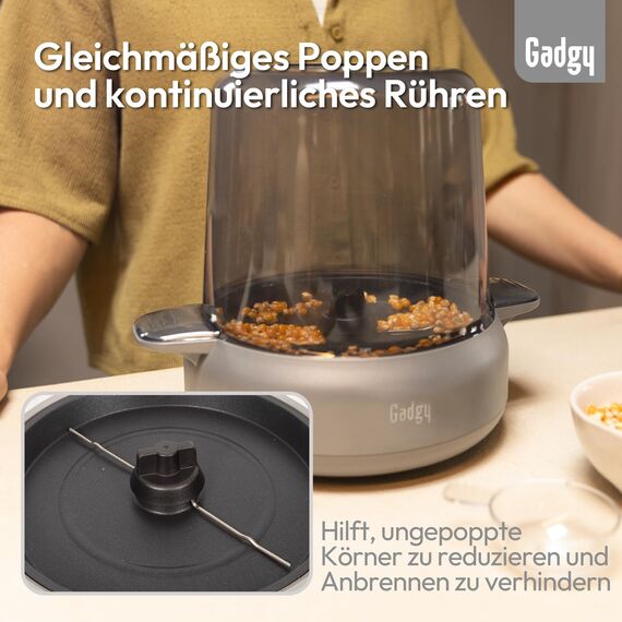 Gadgy Popcorn Maschine Premium - Popcorn Maker Heißluft 4,5 L - Popcornmaschine mit Antihaftbeschichtung & rotierenden Stäben - Popcornmaschine groß 500W matt Silber