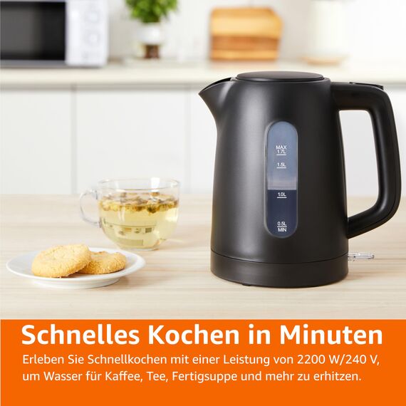 Amazon Basics Wasserkocher 1,7L, 2200 W, BPA-frei mit 360° Basis, Automatische Abschaltung und Herausnehmbarem Kalkfilter, Mattschwarz