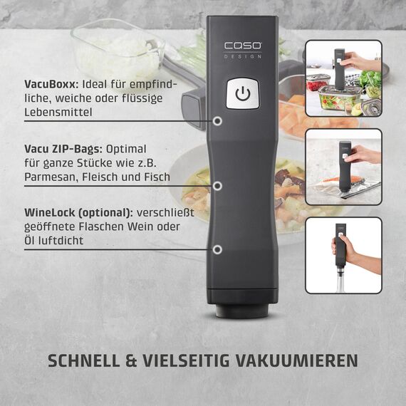CASO Vacu OneTouch Akku-Vakuumierer – kabellos & kompakt, 3 L/Min, -0,4 bar, LED-Anzeige, Auto-Stopp, Lithium-Ionen-Akku, leichte Reinigung, inkl. ZIP-Beutel-Set & USB-C-Kabel