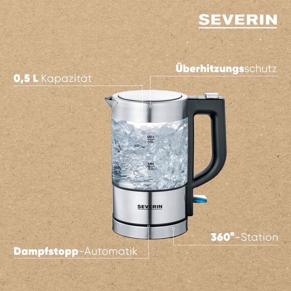SEVERIN Mini Glas Wasserkocher 0,5 L, leistungsstark und kompakt in hochwertigem Design, elektrischer Wasserkocher mit Kalkfilter, Edelstahl/schwarz, WK 3472