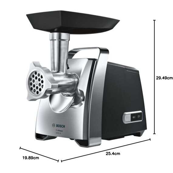 Bosch Fleischwolf ProPower MFW67440, elektrisch, Wurstaufsatz, 3 Edelstahl Loch-Scheiben (3, 4,8 +8mm), Stopfer, Kebbe-Aufsatz, Durchlaufschnitzler, 2000 W Blockierleistung, 700 W, schwarz / silber