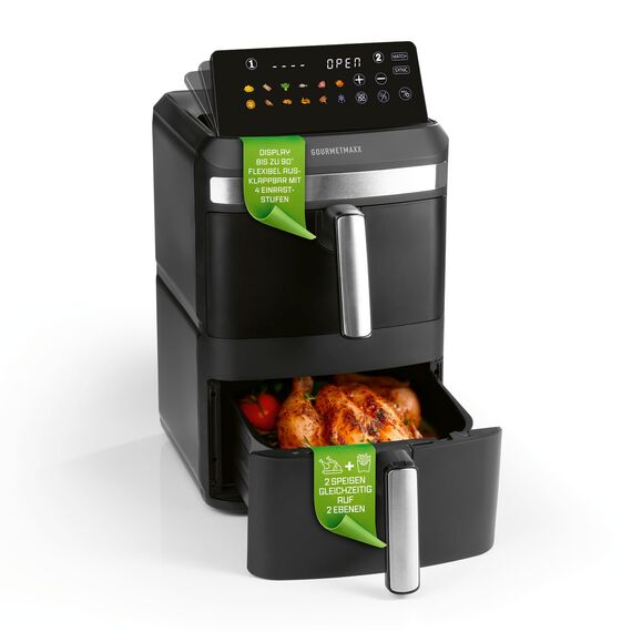 GOURMETmaxx FryUp XL vertikale Doppelkammer Heißluftfritteuse - 12 L | Airfryer mit 9,6 Zoll Multi-Colour LED-Touchdisplay & 12 Programmen | Heißluftfritteuse 2 Kammern | SYNC- & MATCH-Funktion