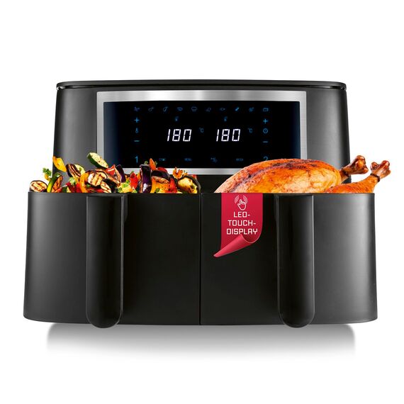 GOURMETmaxx Doppelkammer Heißluftfritteuse - 2 x 4 L | Synchro-Garzonen Airfryer | Fritteuse mit Touchscreen | Heißluftfritteuse 2 Kammern & 10 Programmen | fast ohne Öl frittieren