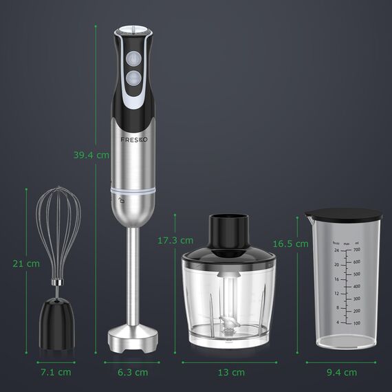 FRESKO 4-in-1 Stabmixer Edelstahl, 1000W Pürierstab mit 12 Geschwindigkeiten und Turbo-Modi, Inklusive Schneebesen, 500ml Lebensmittelhacker und 700ml Messbecher, für Babynahrung, Suppe, Smoothies