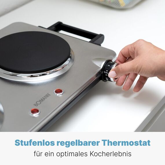 Bomann® Edelstahl-Doppelkochplatte | Kochplatte mit 2 Kochfeldern | 2500W | elektrische Herdplatte mit Cool Touch-Griffen | Kochfelder mit Überhitzungsschutz | DKP 5033 CB