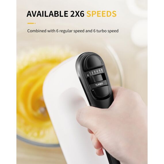 Handmixer Elektrisch Handrührgerät 6 Stufen Plus Turbo Kein Spritzen Mixer Handrührer mit Aufbewahrungskiste,5*Edelstahl Zubehör, Weiß 400W Leiser Motor