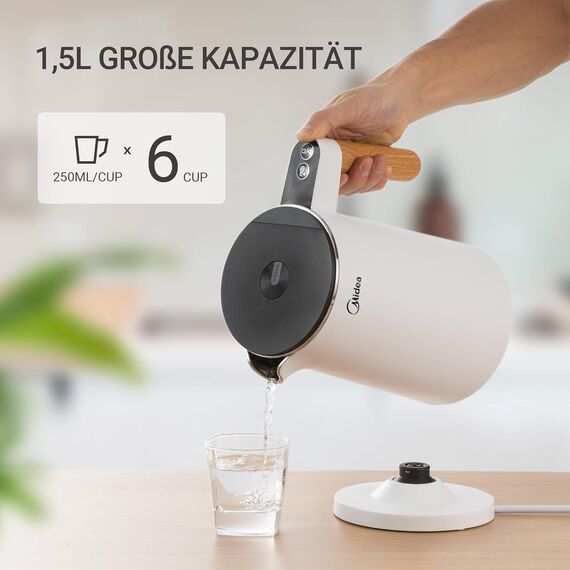 Midea Edelstahl Wasserkocher mit Temperatureinstellung, 45℃-100℃, 1,5 Liter, 2200W Kettle Weiß, Teekocher mit Temperaturanzeige und Sicherheitsfunktionen, BPA frei, Doppelwand Design