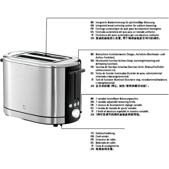 WMF Lono Toaster 2 Scheiben Edelstahl, Doppelschlitz Toaster für große Toastscheiben mit Brötchenaufsatz, 2 Scheiben, XXL-Toast, 7 Bräunungsstufen, 900 W, edelstahl matt