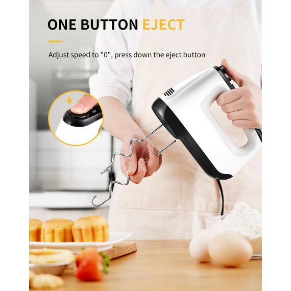 Handmixer Elektrisch Handrührgerät 6 Stufen Plus Turbo Kein Spritzen Mixer Handrührer mit Aufbewahrungskiste,5*Edelstahl Zubehör, Weiß 400W Leiser Motor