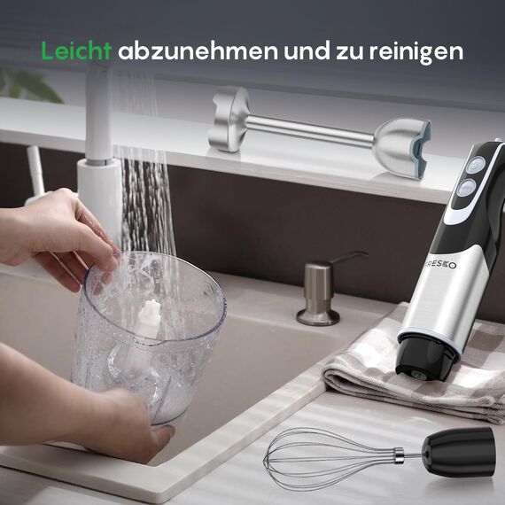 FRESKO 4-in-1 Stabmixer Edelstahl, 1000W Pürierstab mit 12 Geschwindigkeiten und Turbo-Modi, Inklusive Schneebesen, 500ml Lebensmittelhacker und 700ml Messbecher, für Babynahrung, Suppe, Smoothies