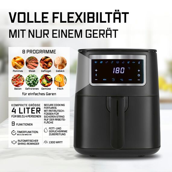 GOURMETmaxx Heißluftfritteuse 4 L Airfryer | Fritteuse mit Touchscreen, 9 Funktionen & 8 Programmen | Minibackofen – fast ohne Öl braten | Airfryer Zubehör spülmaschinengeeignet