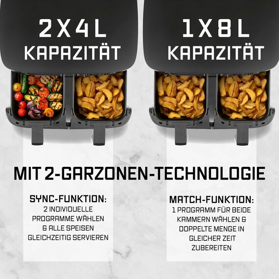 GOURMETmaxx Doppelkammer Heißluftfritteuse - 2 x 4 L | Synchro-Garzonen Airfryer | Fritteuse mit Touchscreen | Heißluftfritteuse 2 Kammern & 10 Programmen | fast ohne Öl frittieren