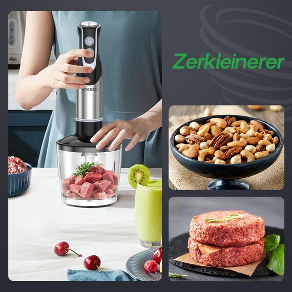 FRESKO 4-in-1 Stabmixer Edelstahl, 1000W Pürierstab mit 12 Geschwindigkeiten und Turbo-Modi, Inklusive Schneebesen, 500ml Lebensmittelhacker und 700ml Messbecher, für Babynahrung, Suppe, Smoothies