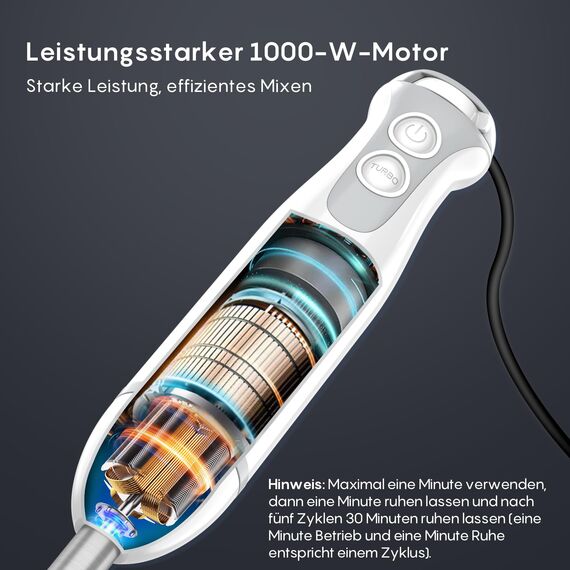 FRESKO 4-in-1 Stabmixer, 1000W Pürierstab Edelstahl, Stufenlose Geschwindigkeitssteuerung und Turbo, Inkl. 500ml Lebensmittelhacker und 700ml Messbecher, für Babynahrung, Suppen, Smoothies, Weiß