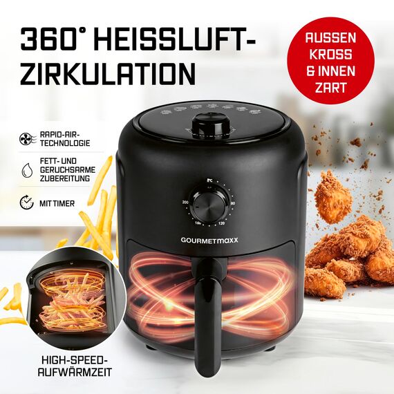 GOURMETmaxx Heißluftfritteuse | 2,3L Airfryer mit Timer, Touchscreen | Fritteuse mit 8 Funktionen & 7 Programmen | Energiesparend frittieren, nahezu ohne Öl | Minibackofen - 1000 W