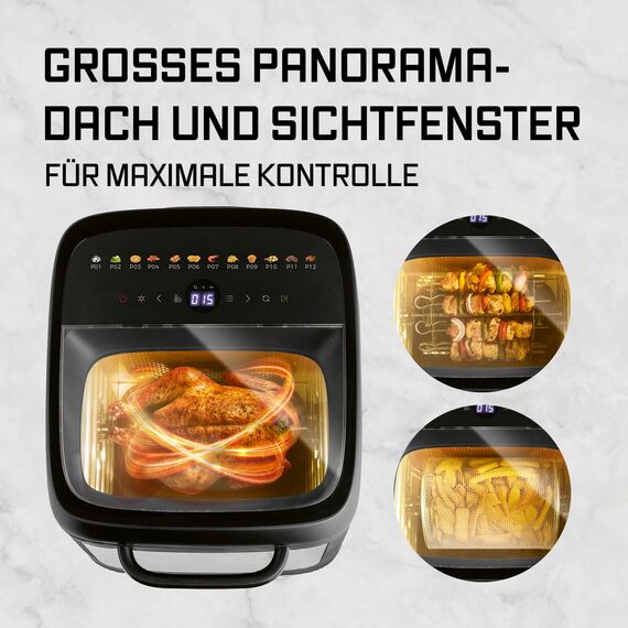 GOURMETmaxx Heißluftofen mit Panoramadach & Frontfenster 12,5 L | Heißluftfritteuse mit 9 Funktionen | Airfryer, Fritteuse & Minibackofen in 1 | für max. 8 Personen | Heißluftfritteuse mit Farb-Icons
