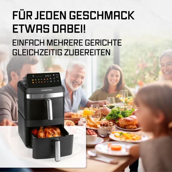 GOURMETmaxx FryUp XL vertikale Doppelkammer Heißluftfritteuse - 12 L | Airfryer mit 9,6 Zoll Multi-Colour LED-Touchdisplay & 12 Programmen | Heißluftfritteuse 2 Kammern | SYNC- & MATCH-Funktion