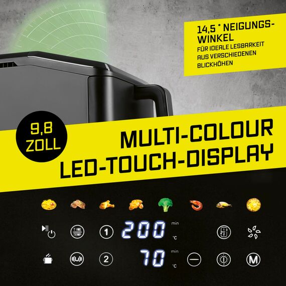 GOURMETmaxx FryUp vertikale Doppelkammer Heißluftfritteuse - 10 L | Airfryer mit 9,8 Zoll Multi-Colour LED-Touchdisplay & 11 Programmen | Heißluftfritteuse 2 Kammern mit Oberhitze