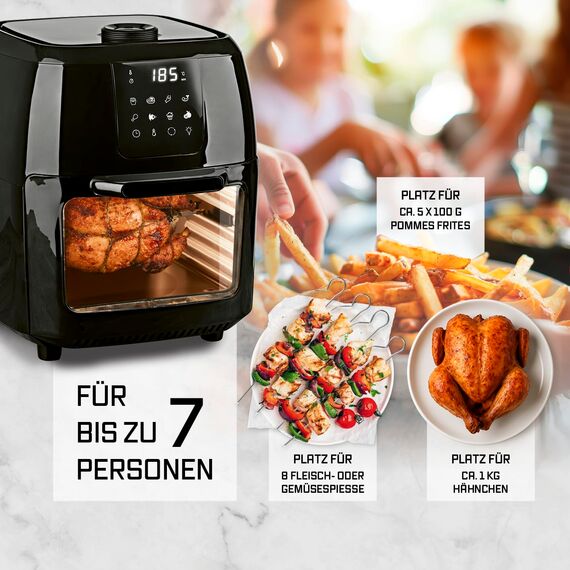 GOURMETmaxx Digitale Heißluftfritteuse XXL - 9L Ofen | Airfryer mit Timerfunktion, Touchdisplay, Drehspieß, Schaschlikspießen | fettarm, energiesparend frittieren | 8 Programme, 1800 W