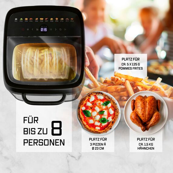 GOURMETmaxx Heißluftofen mit Panoramadach & Frontfenster 12,5 L | Heißluftfritteuse mit 9 Funktionen | Airfryer, Fritteuse & Minibackofen in 1 | für max. 8 Personen | Heißluftfritteuse mit Farb-Icons