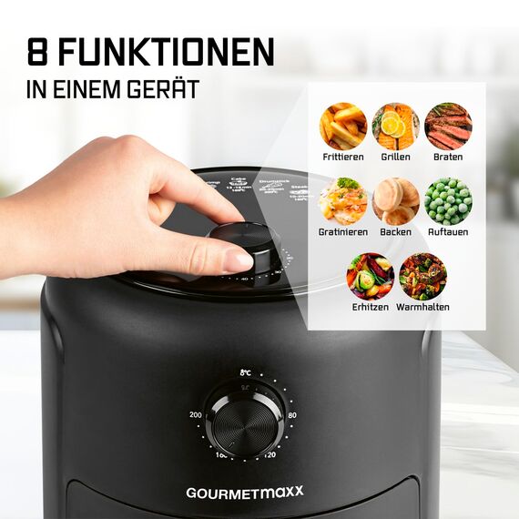 GOURMETmaxx Heißluftfritteuse | 2,3L Airfryer mit Timer, Touchscreen | Fritteuse mit 8 Funktionen & 7 Programmen | Energiesparend frittieren, nahezu ohne Öl | Minibackofen - 1000 W