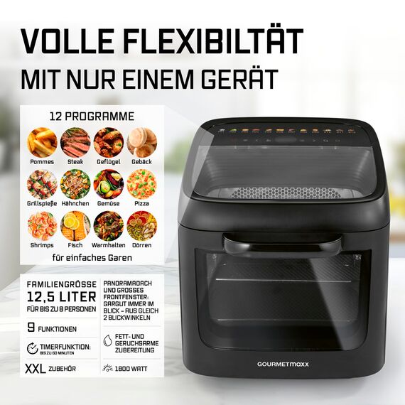 GOURMETmaxx Heißluftofen mit Panoramadach & Frontfenster 12,5 L | Heißluftfritteuse mit 9 Funktionen | Airfryer, Fritteuse & Minibackofen in 1 | für max. 8 Personen | Heißluftfritteuse mit Farb-Icons